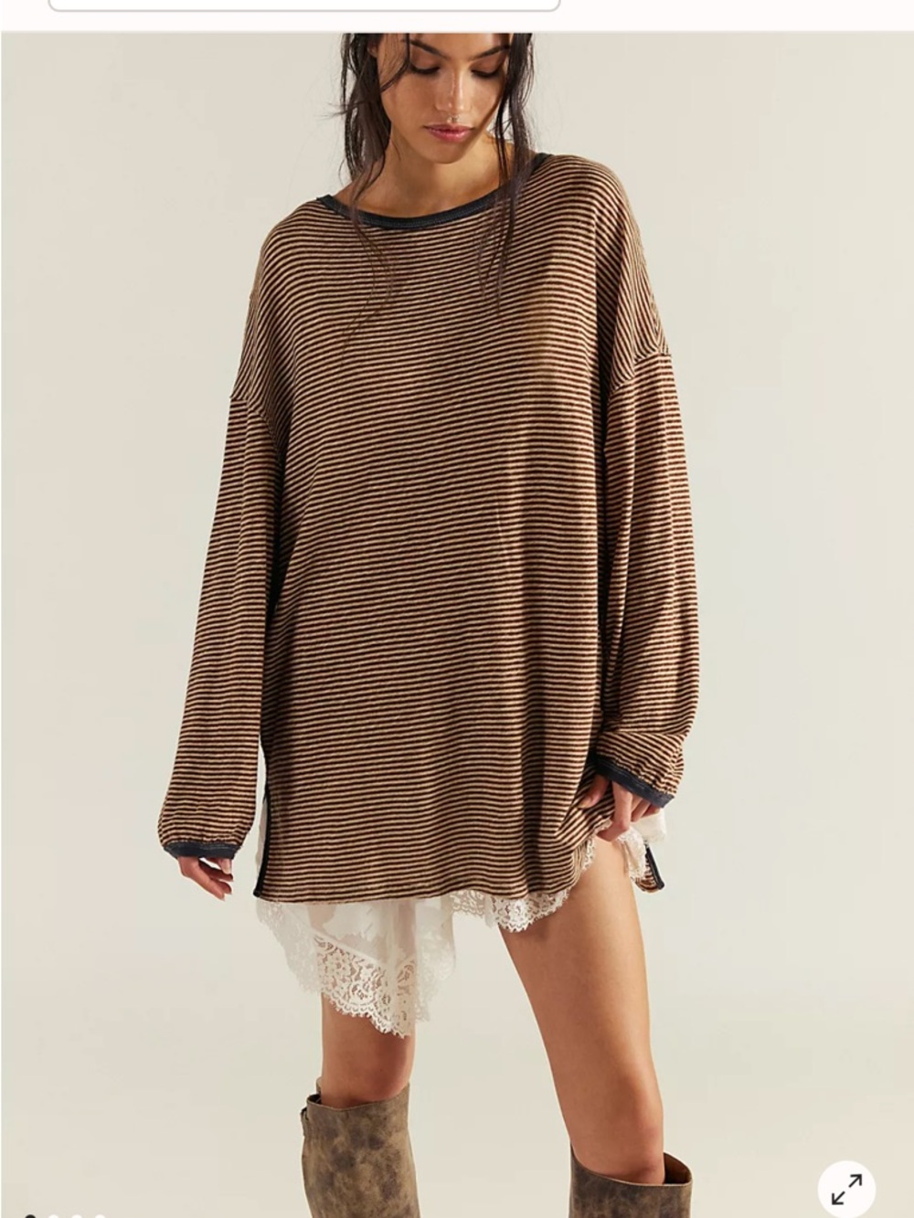 Free People Oversized Striped Long Sleeve Top in Brown and Black
